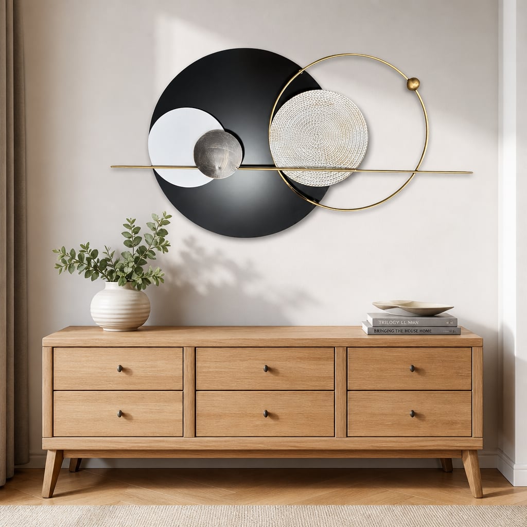Decoratiune Metalica de Perete LuxCanva® Element Lines A2261, din Metal, Negru, Gold, Alb, Gri, Auriu, Dimensiune Mare 110 x 60 cm