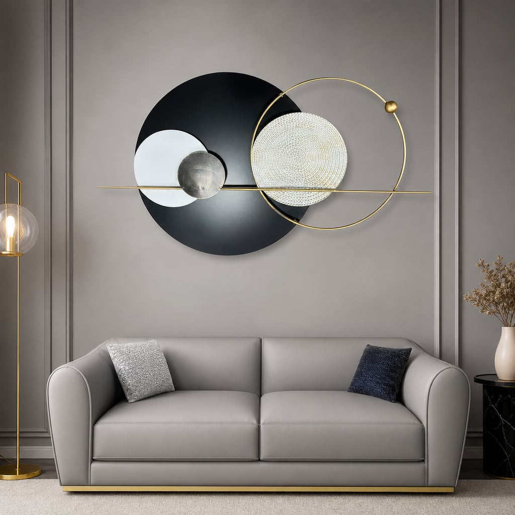Decoratiune Metalica de Perete LuxCanva® Element Lines A2261, din Metal, Negru, Gold, Alb, Gri, Auriu, Dimensiune Mare 110 x 60 cm