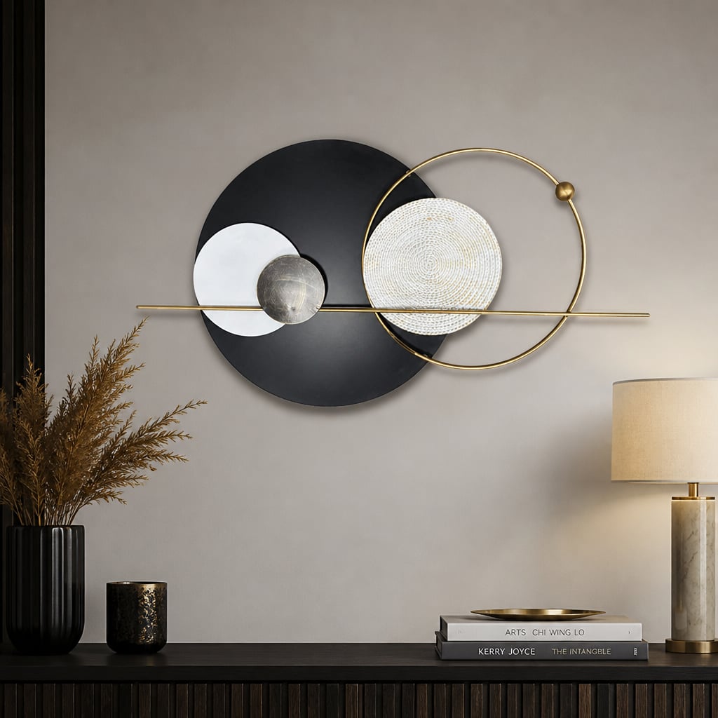 Decoratiune Metalica de Perete LuxCanva® Element Lines A2261, din Metal, Negru, Gold, Alb, Gri, Auriu, Dimensiune Mare 110 x 60 cm