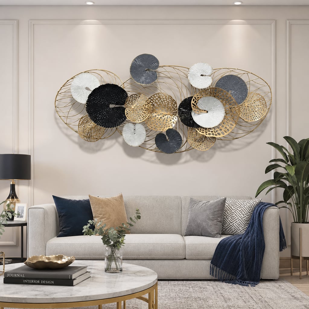Decoratiune Metalica de Perete LuxCanva® Iron Essence A2026, din Metal, Negru, Gold, Alb, Gri, Auriu, Dimensiune Mare 125 x 55 cm