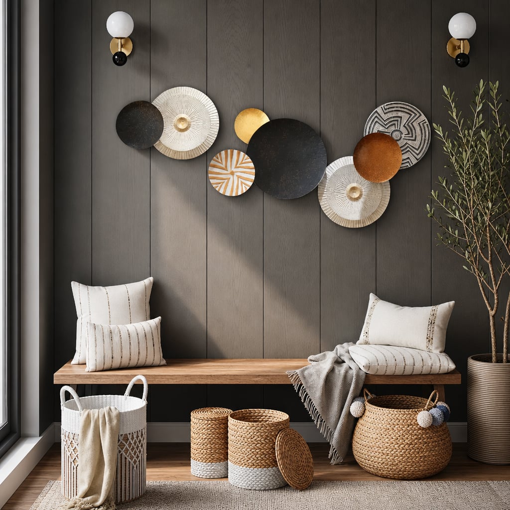 Set 2 Decoratiuni Metalice de Perete LuxCanva® Bronze Mirage A2284, din Metal, Orizontala, Negru, Auriu, Alb, Cupru, Dimensiune Mare 197 x 77 x 14 cm