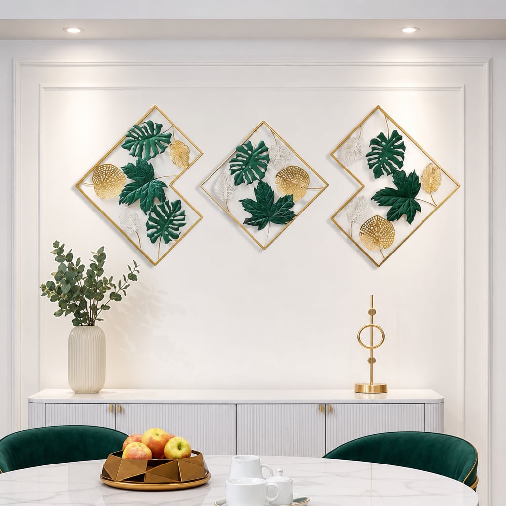 Set 3 Decoratiuni Metalice de Perete LuxCanva® GreenEssence A2307, din Metal, Orizontala, Auriu, Verde, Dimensiune Totala 170 x 71 x 3 cm