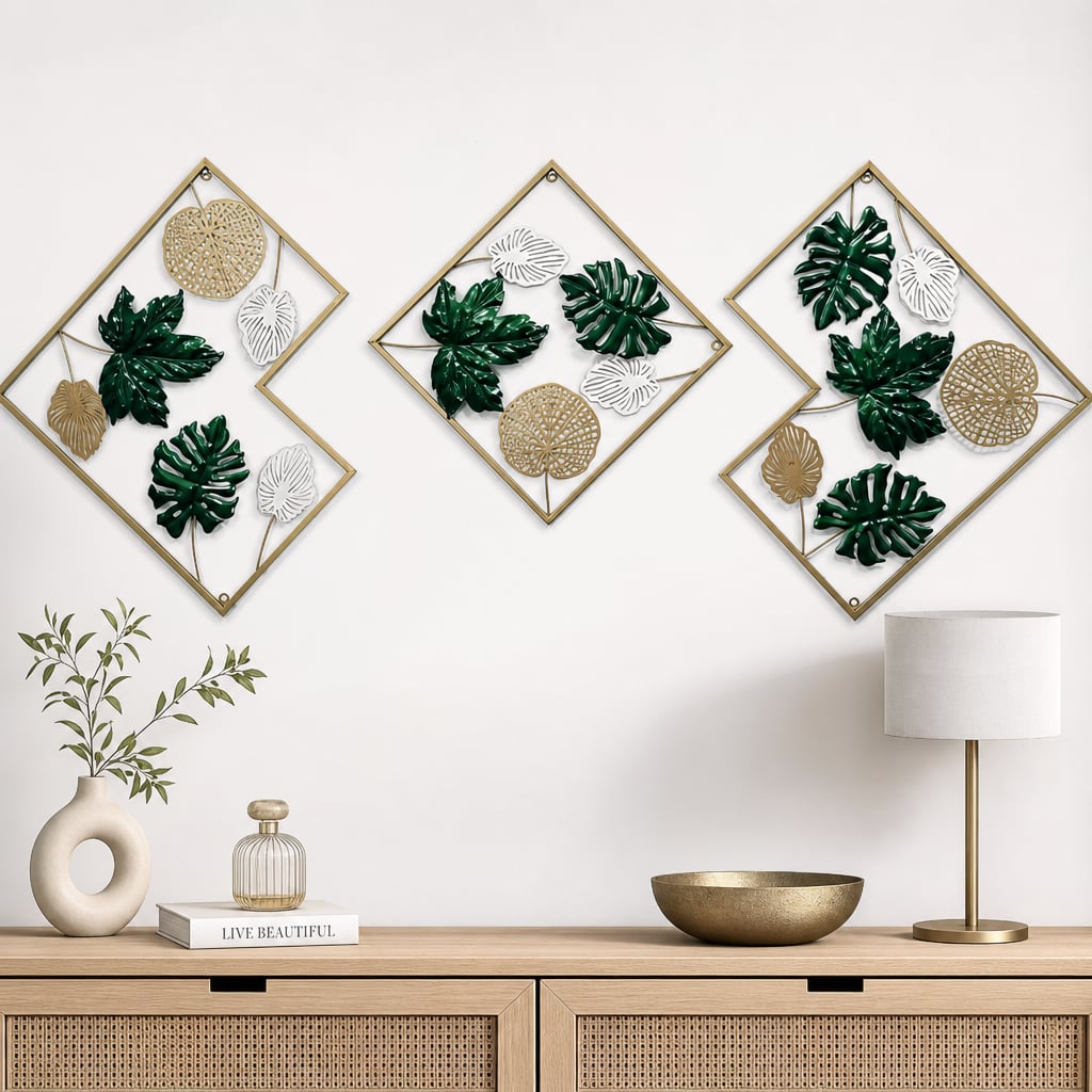 Set 3 Decoratiuni Metalice de Perete LuxCanva® GreenEssence A2307, din Metal, Orizontala, Auriu, Verde, Dimensiune Totala 170 x 71 x 3 cm