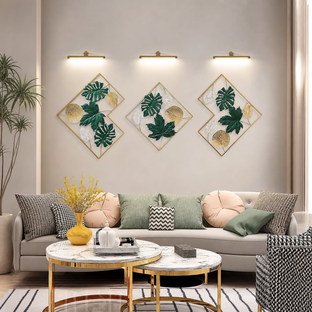 Set 3 Decoratiuni Metalice de Perete LuxCanva® GreenEssence A2307, din Metal, Orizontala, Auriu, Verde, Dimensiune Totala 170 x 71 x 3 cm