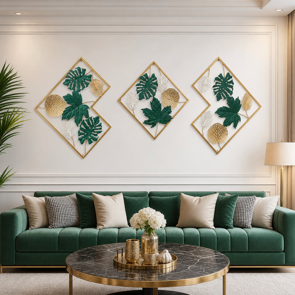 Set 3 Decoratiuni Metalice de Perete LuxCanva® GreenEssence A2307, din Metal, Orizontala, Auriu, Verde, Dimensiune Totala 170 x 71 x 3 cm