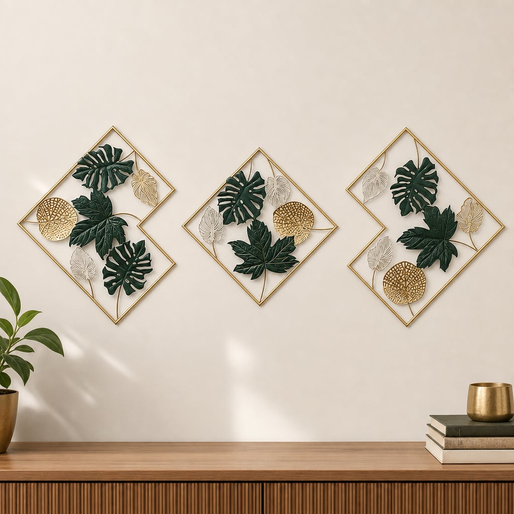 Set 3 Decoratiuni Metalice de Perete LuxCanva® GreenEssence A2307, din Metal, Orizontala, Auriu, Verde, Dimensiune Totala 170 x 71 x 3 cm