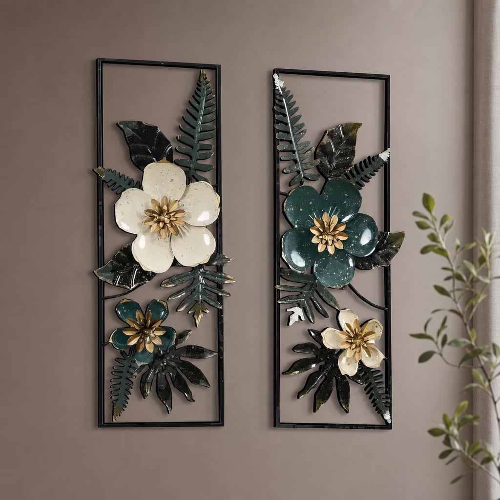Set 2 Decoratiuni Metalice de Perete LuxCanva® Elisian Garden A2095, din Metal, Verticale, Verde, Alb, Auriu, Dimensiune Mare 31 × 89 cm
