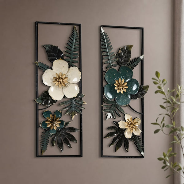 2er-Set Metall-Wanddekorationen LuxCanva® Elisian Garden A2095, Metall, Vertikal, Grün, Weiß, Gold, Großformat 31 × 89 cm