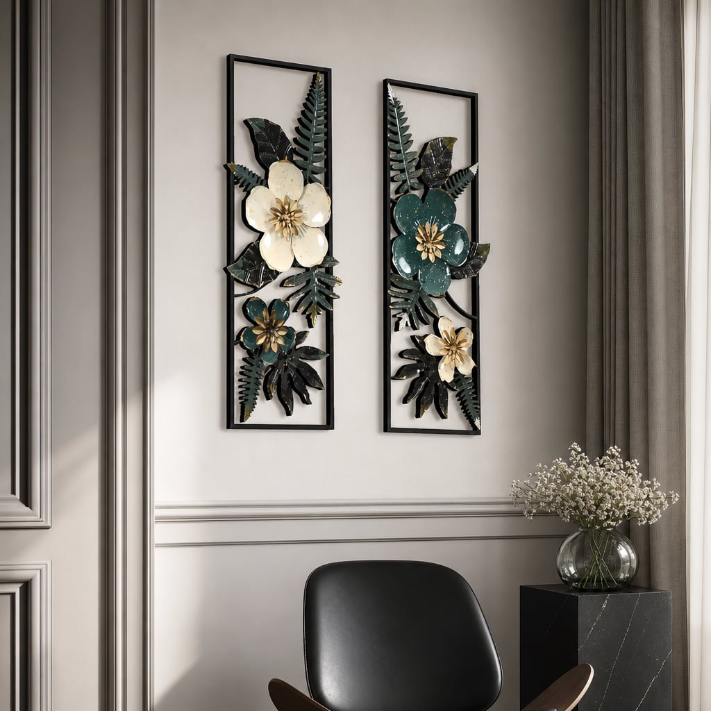 Set 2 Decoratiuni Metalice de Perete LuxCanva® Elisian Garden A2095, din Metal, Verticale, Verde, Alb, Auriu, Dimensiune Mare 31 × 89 cm