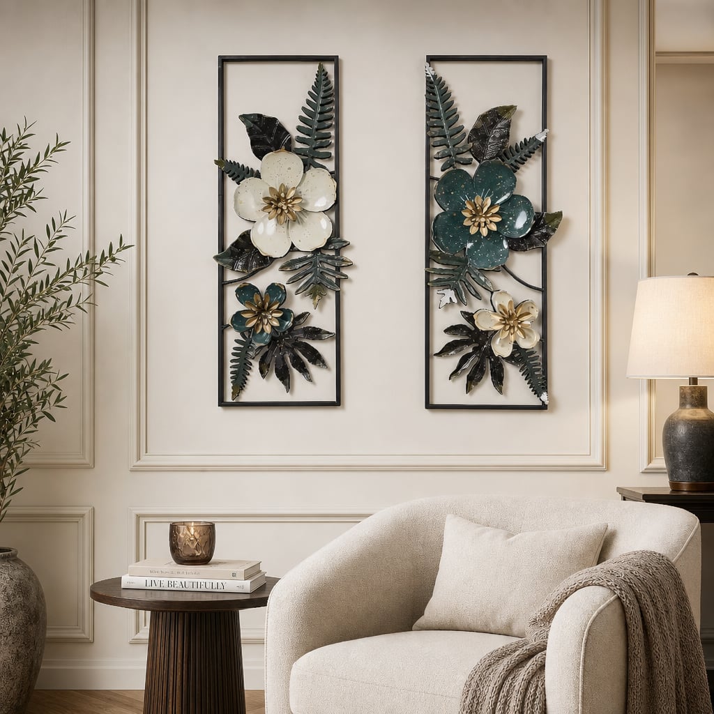 Set 2 Decoratiuni Metalice de Perete LuxCanva® Elisian Garden A2095, din Metal, Verticale, Verde, Alb, Auriu, Dimensiune Mare 31 × 89 cm
