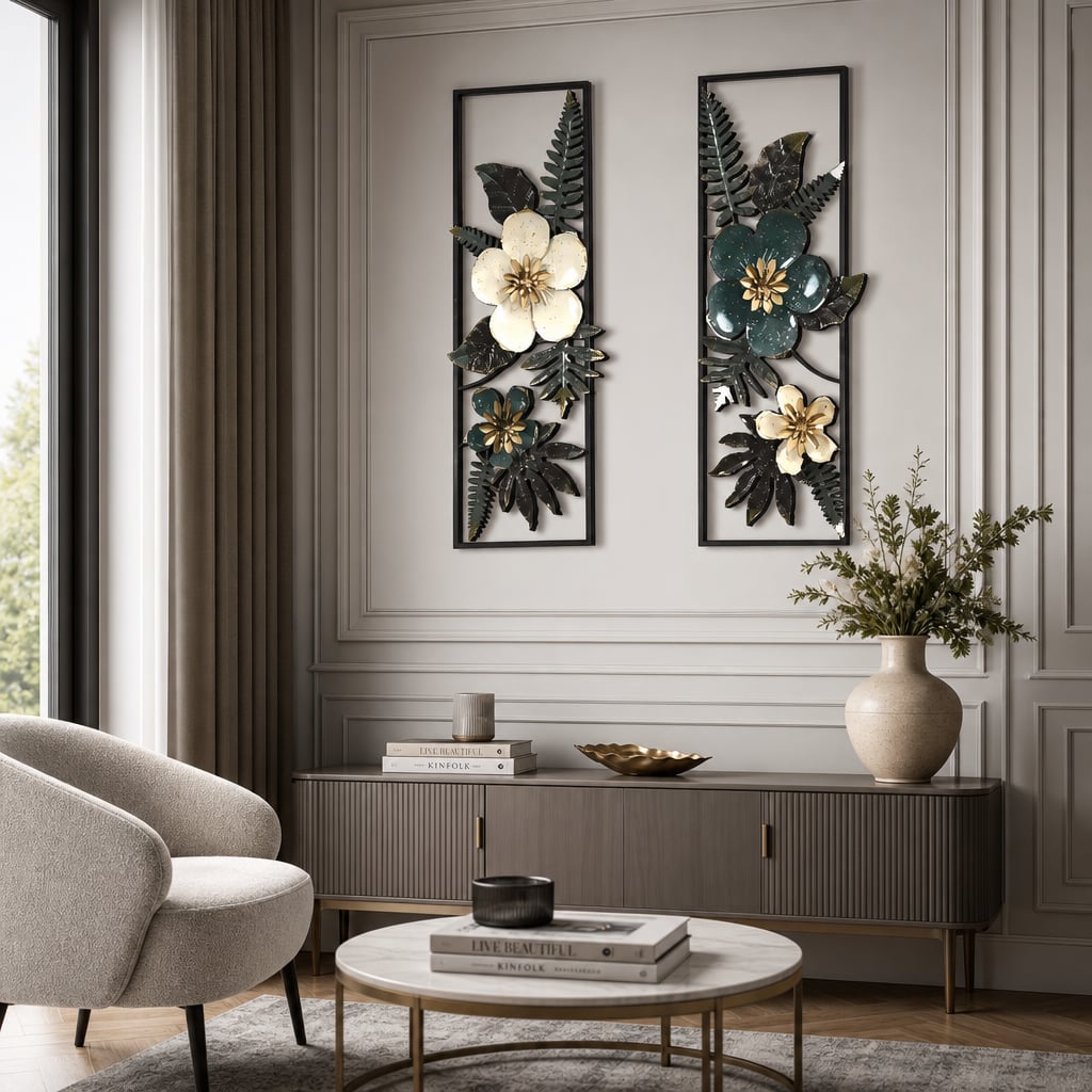 Set 2 Decoratiuni Metalice de Perete LuxCanva® Elisian Garden A2095, din Metal, Verticale, Verde, Alb, Auriu, Dimensiune Mare 31 × 89 cm