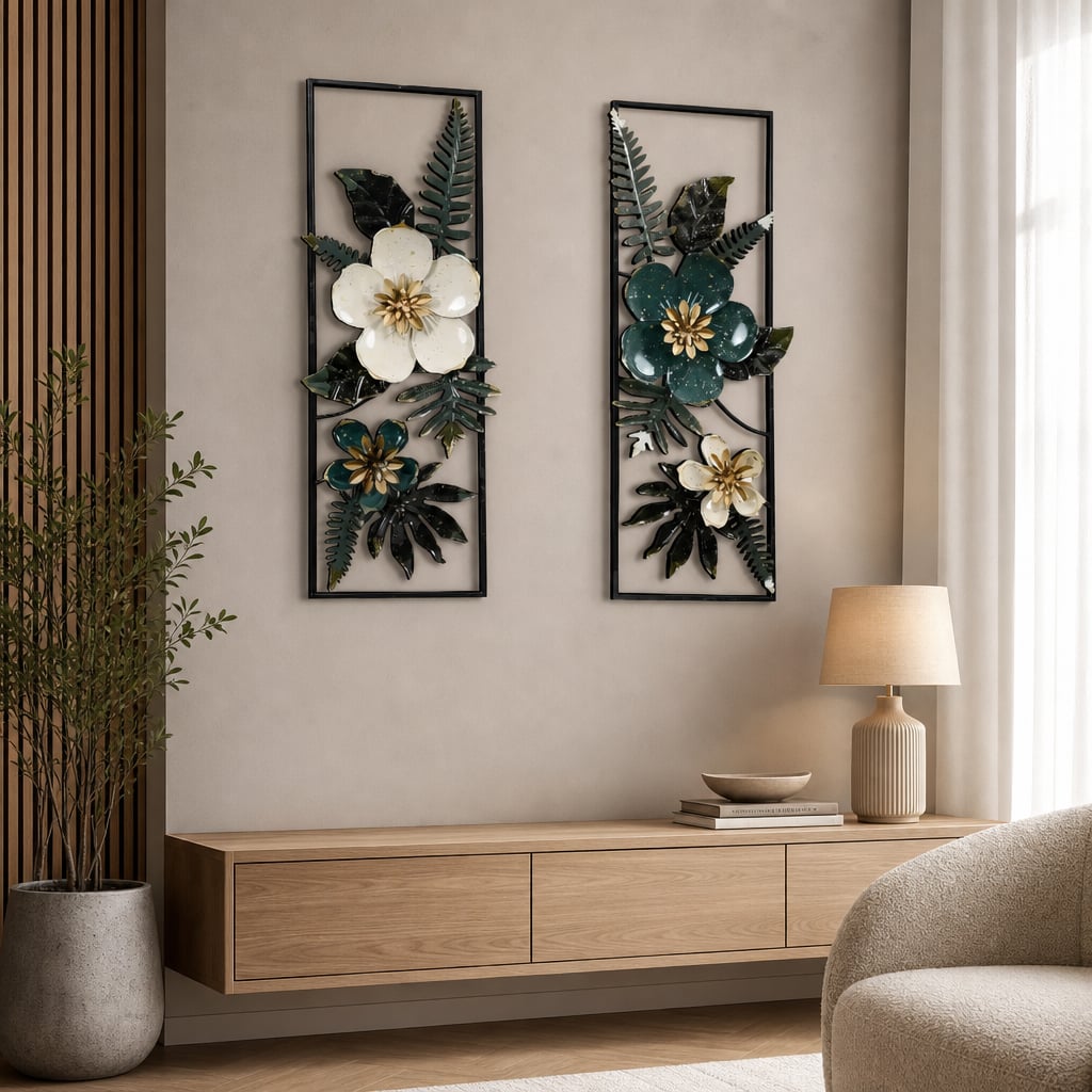 Set 2 Decoratiuni Metalice de Perete LuxCanva® Elisian Garden A2095, din Metal, Verticale, Verde, Alb, Auriu, Dimensiune Mare 31 × 89 cm