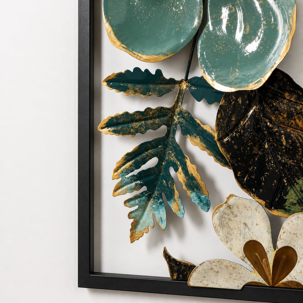 Set 2 Decoratiuni Metalice de Perete LuxCanva® Elisian Garden A2095, din Metal, Verticale, Verde, Alb, Auriu, Dimensiune Mare 31 × 89 cm