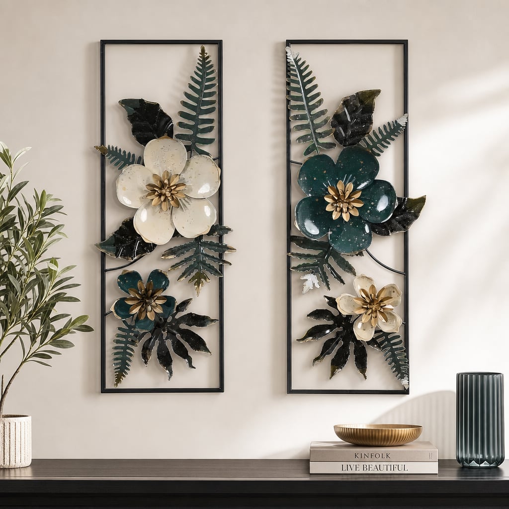 Set 2 Decoratiuni Metalice de Perete LuxCanva® Elisian Garden A2095, din Metal, Verticale, Verde, Alb, Auriu, Dimensiune Mare 31 × 89 cm