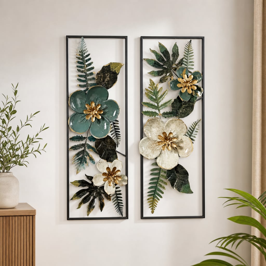 Set 2 Decoratiuni Metalice de Perete LuxCanva® Elisian Garden A2095, din Metal, Verticale, Verde, Alb, Auriu, Dimensiune Mare 31 × 89 cm