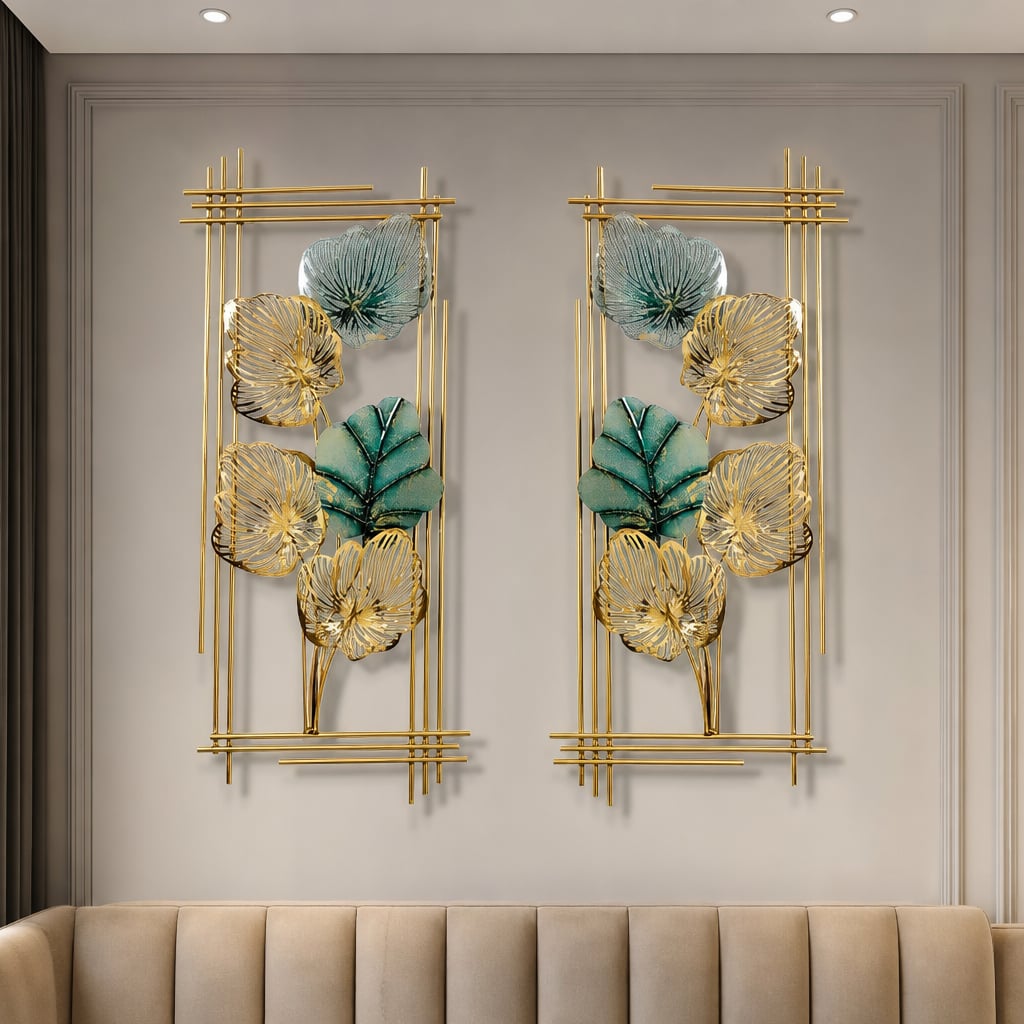 2er-Set Metall-Wanddekorationen LuxCanva® Smaragdblatt-Rahmen A2004, Metall, vertikal, Gold, grün, groß 37 × 86 × 3,5 cm