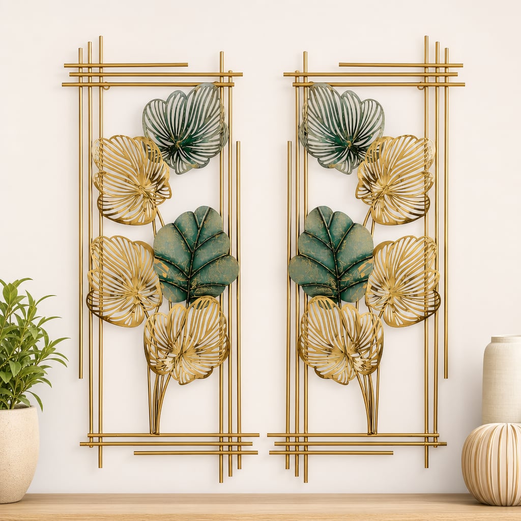 2er-Set Metall-Wanddekorationen LuxCanva® Smaragdblatt-Rahmen A2004, Metall, vertikal, Gold, grün, groß 37 × 86 × 3,5 cm