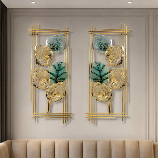 2er-Set Metall-Wanddekorationen LuxCanva® Smaragdblatt-Rahmen A2004, Metall, vertikal, Gold, grün, groß 37 × 86 × 3,5 cm