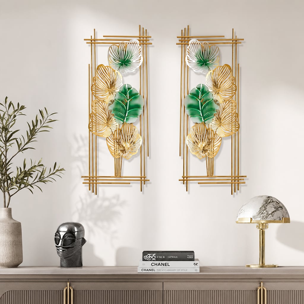 2er-Set Metall-Wanddekorationen LuxCanva® Smaragdblatt-Rahmen A2004, Metall, vertikal, Gold, grün, groß 37 × 86 × 3,5 cm