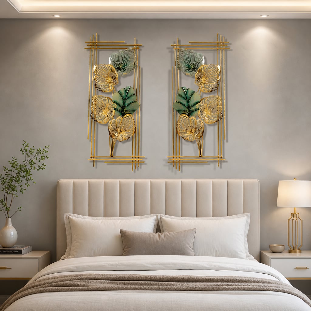 2er-Set Metall-Wanddekorationen LuxCanva® Smaragdblatt-Rahmen A2004, Metall, vertikal, Gold, grün, groß 37 × 86 × 3,5 cm