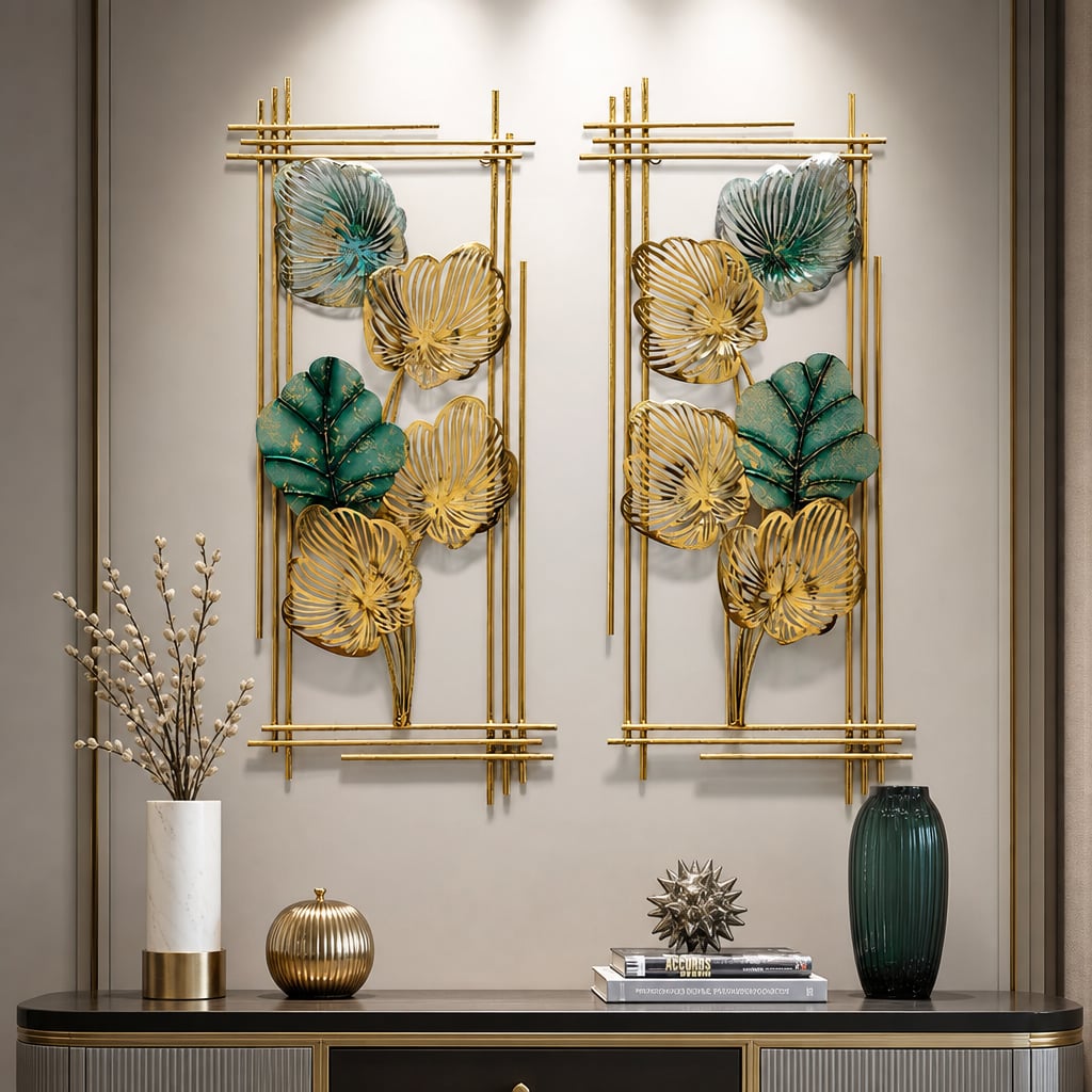 2er-Set Metall-Wanddekorationen LuxCanva® Smaragdblatt-Rahmen A2004, Metall, vertikal, Gold, grün, groß 37 × 86 × 3,5 cm