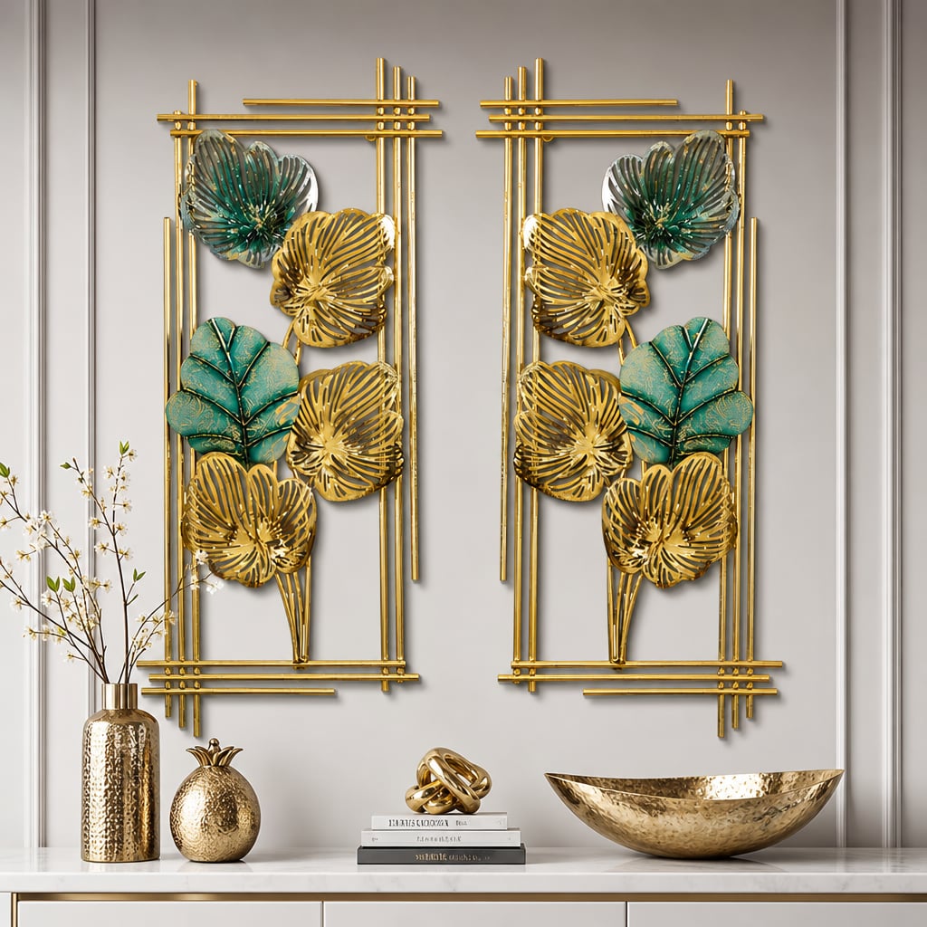 2er-Set Metall-Wanddekorationen LuxCanva® Smaragdblatt-Rahmen A2004, Metall, vertikal, Gold, grün, groß 37 × 86 × 3,5 cm