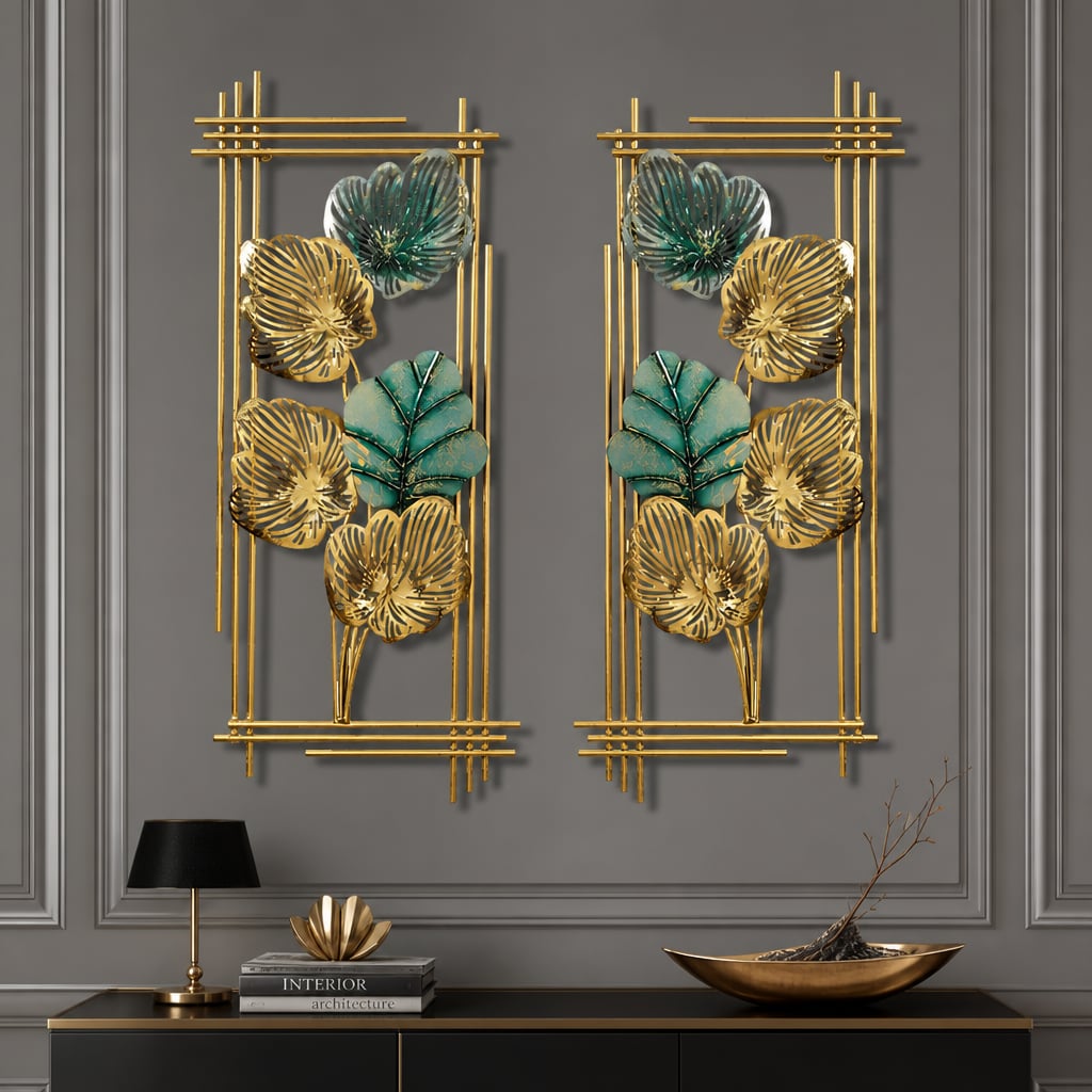 2er-Set Metall-Wanddekorationen LuxCanva® Smaragdblatt-Rahmen A2004, Metall, vertikal, Gold, grün, groß 37 × 86 × 3,5 cm