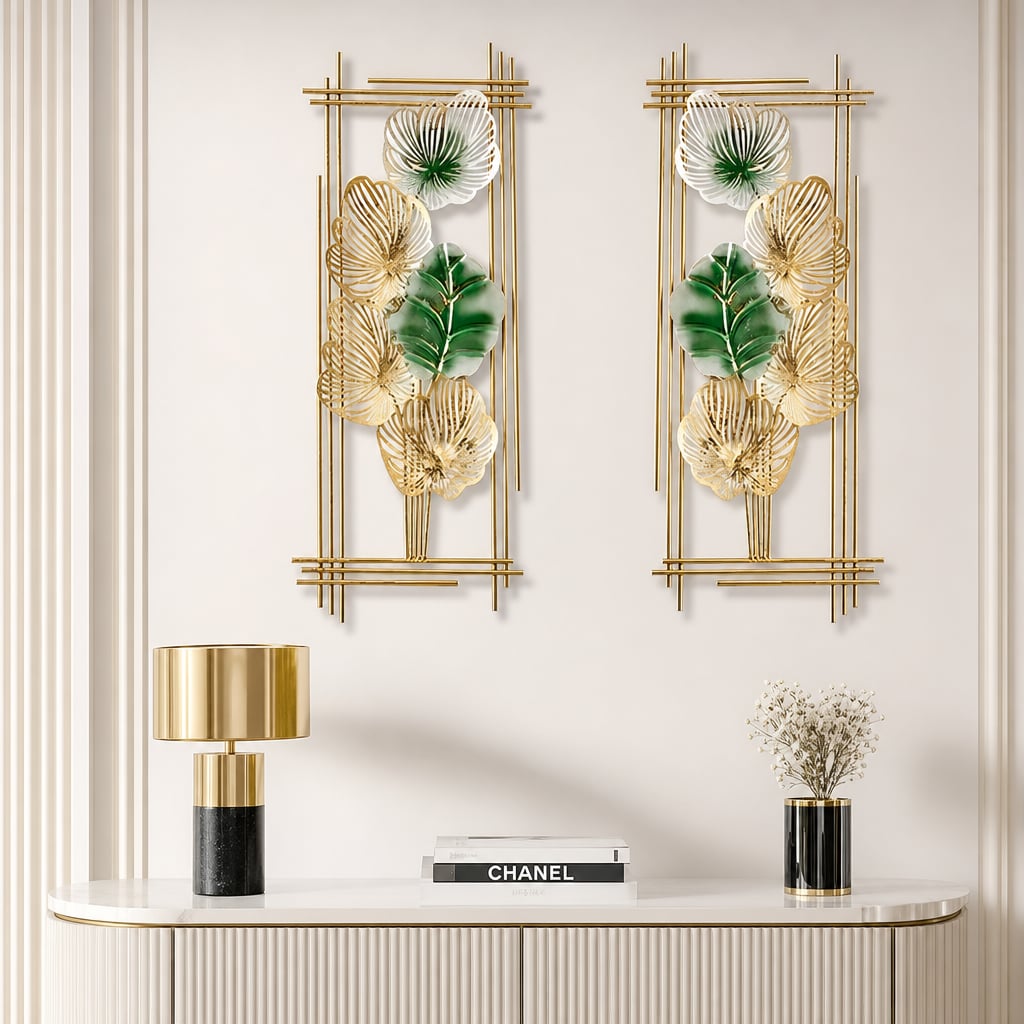 2er-Set Metall-Wanddekorationen LuxCanva® Smaragdblatt-Rahmen A2004, Metall, vertikal, Gold, grün, groß 37 × 86 × 3,5 cm