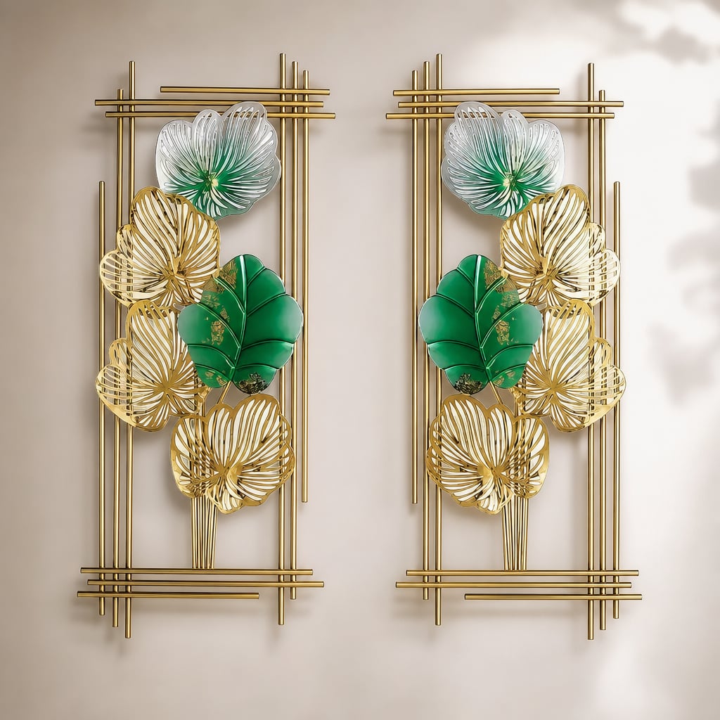 2er-Set Metall-Wanddekorationen LuxCanva® Smaragdblatt-Rahmen A2004, Metall, vertikal, Gold, grün, groß 37 × 86 × 3,5 cm