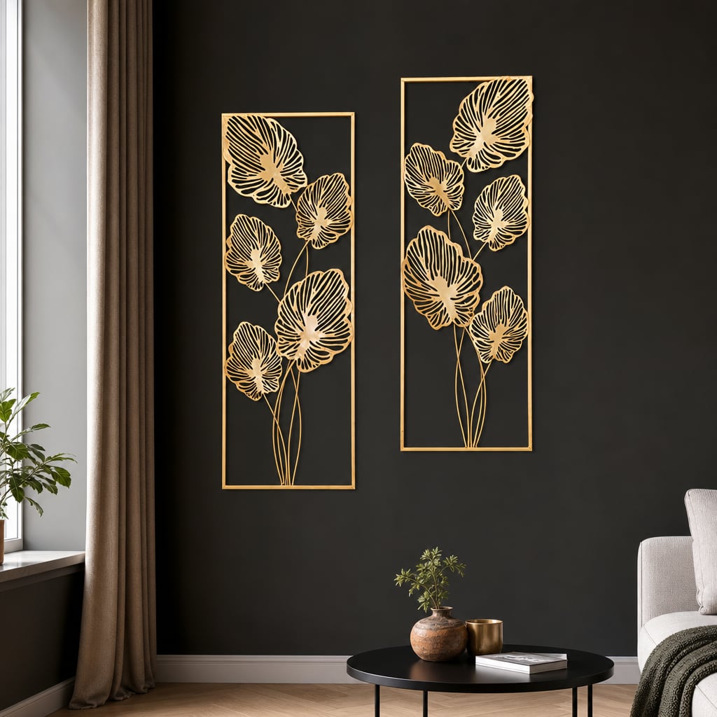 Set 2 Decoratiuni Metalice de Perete LuxCanva® Eden Leaf Frame A2002, din Metal, Verticale, Auriu, Dimensiune Mare 31 × 85 x 3.5 cm
