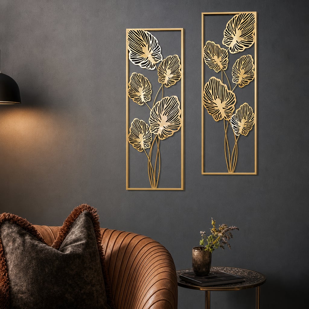 Set 2 Decoratiuni Metalice de Perete LuxCanva® Eden Leaf Frame A2002, din Metal, Verticale, Auriu, Dimensiune Mare 31 × 85 x 3.5 cm