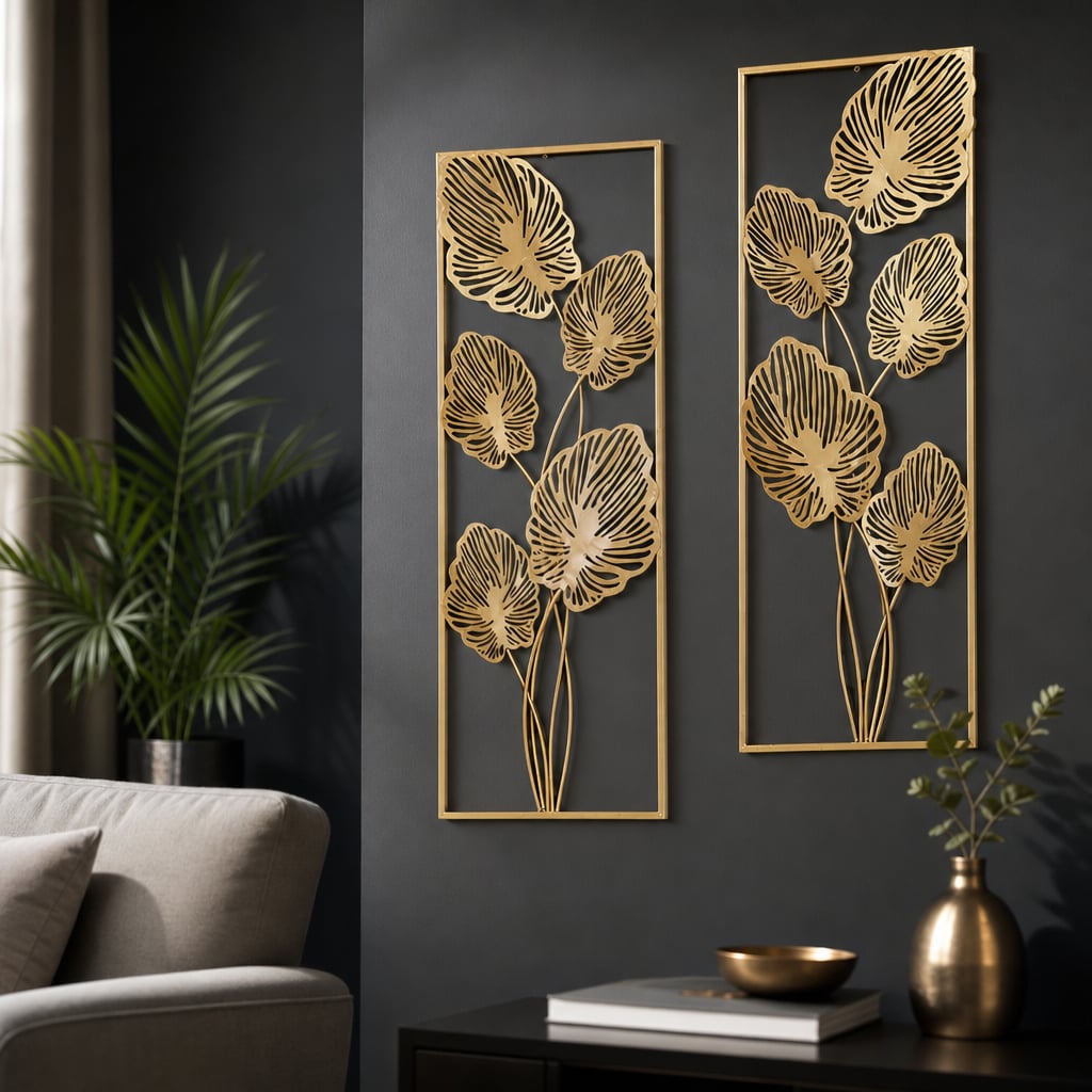 Set 2 Decoratiuni Metalice de Perete LuxCanva® Eden Leaf Frame A2002, din Metal, Verticale, Auriu, Dimensiune Mare 31 × 85 x 3.5 cm