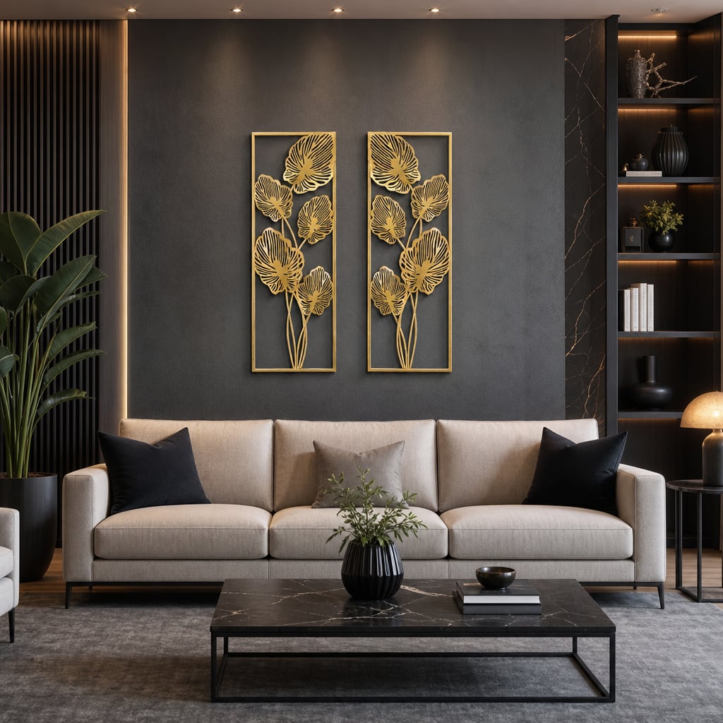 Set 2 Decoratiuni Metalice de Perete LuxCanva® Eden Leaf Frame A2002, din Metal, Verticale, Auriu, Dimensiune Mare 31 × 85 x 3.5 cm