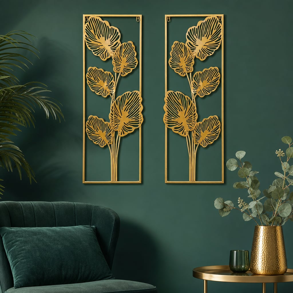 Set 2 Decoratiuni Metalice de Perete LuxCanva® Eden Leaf Frame A2002, din Metal, Verticale, Auriu, Dimensiune Mare 31 × 85 x 3.5 cm