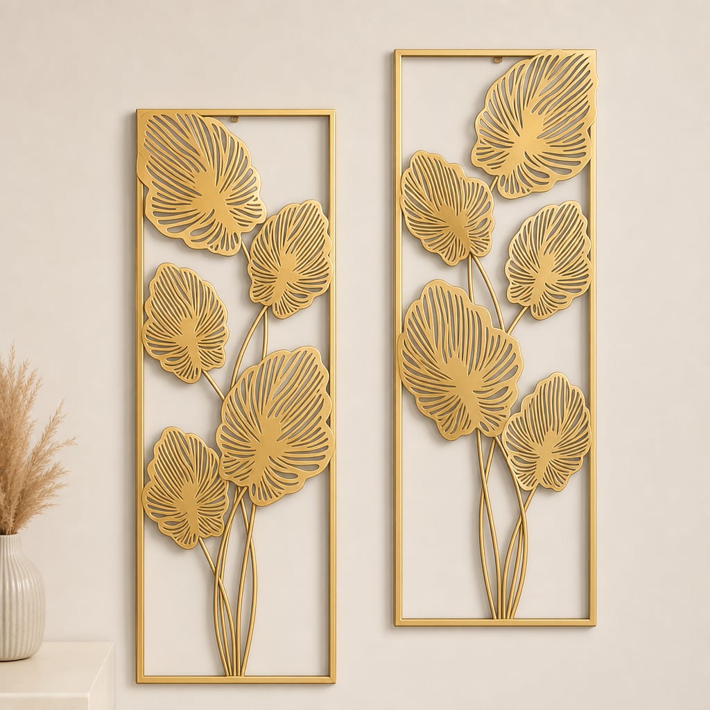 Set 2 Decoratiuni Metalice de Perete LuxCanva® Eden Leaf Frame A2002, din Metal, Verticale, Auriu, Dimensiune Mare 31 × 85 x 3.5 cm