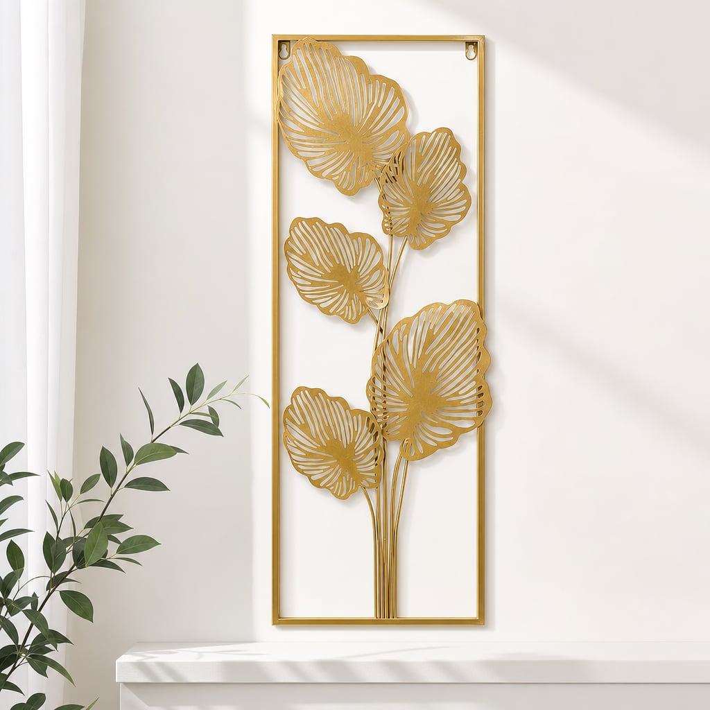 Set 2 Decoratiuni Metalice de Perete LuxCanva® Eden Leaf Frame A2002, din Metal, Verticale, Auriu, Dimensiune Mare 31 × 85 x 3.5 cm