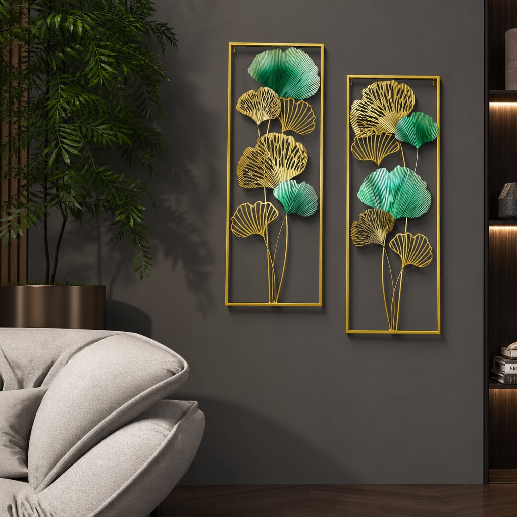 Set 2 Decoratiuni Metalice de Perete LuxCanva® TwinGinkgo A0822, din Metal, Verticale, Auriu, Verde, Dimensiune Mare 85 × 31 cm