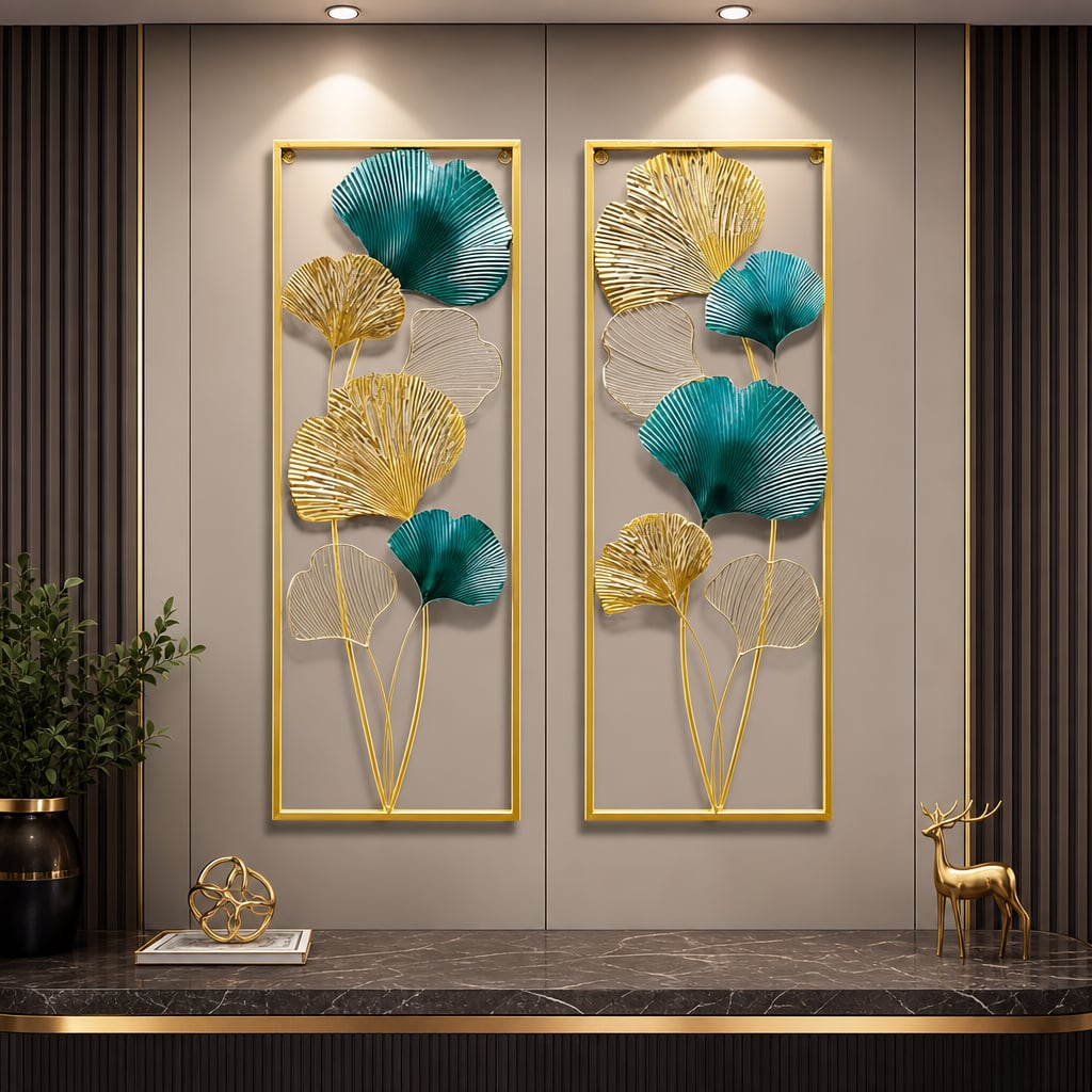 Set 2 Decoratiuni Metalice de Perete LuxCanva® TwinGinkgo A0822, din Metal, Verticale, Auriu, Verde, Dimensiune Mare 85 × 31 cm
