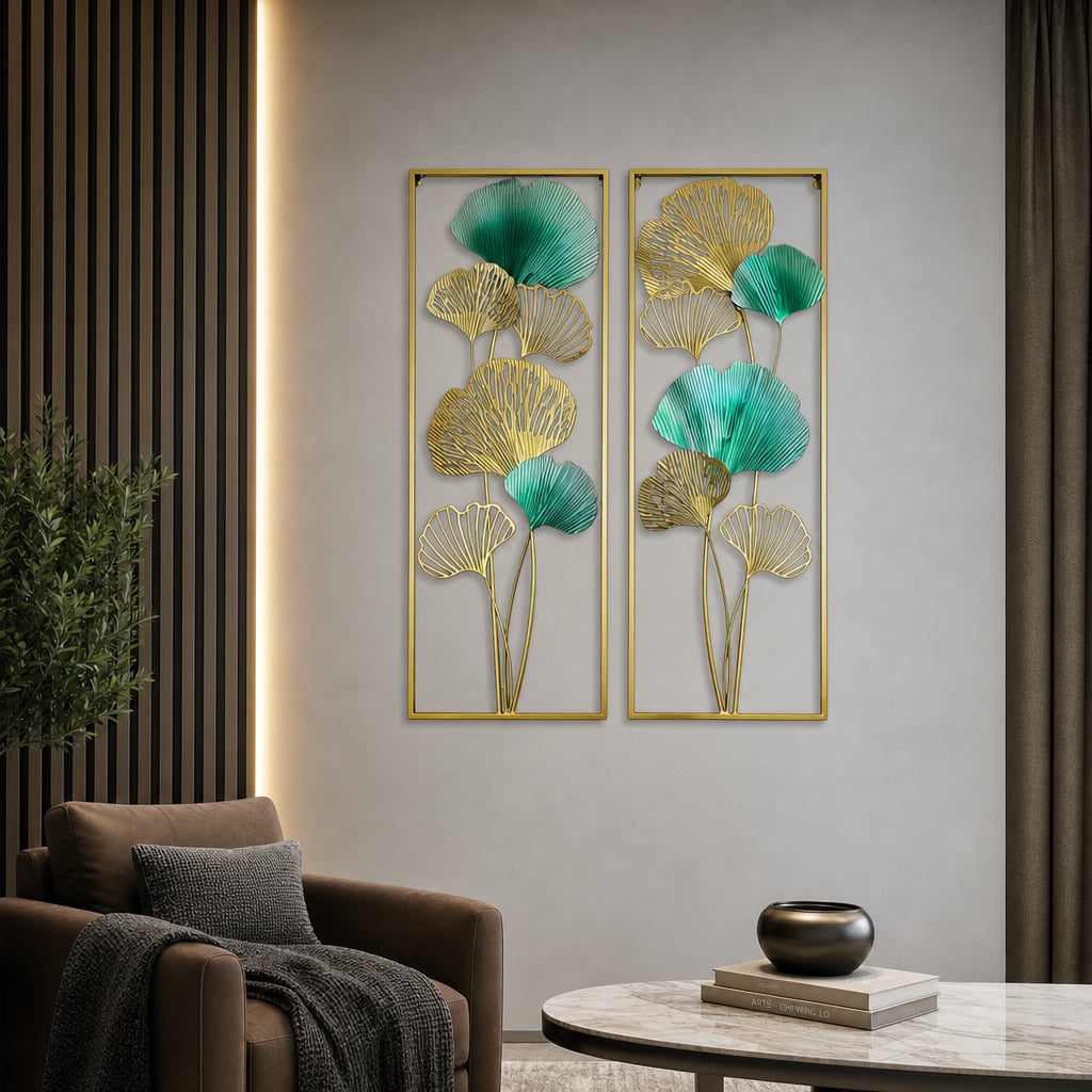 Set 2 Decoratiuni Metalice de Perete LuxCanva® TwinGinkgo A0822, din Metal, Verticale, Auriu, Verde, Dimensiune Mare 85 × 31 cm