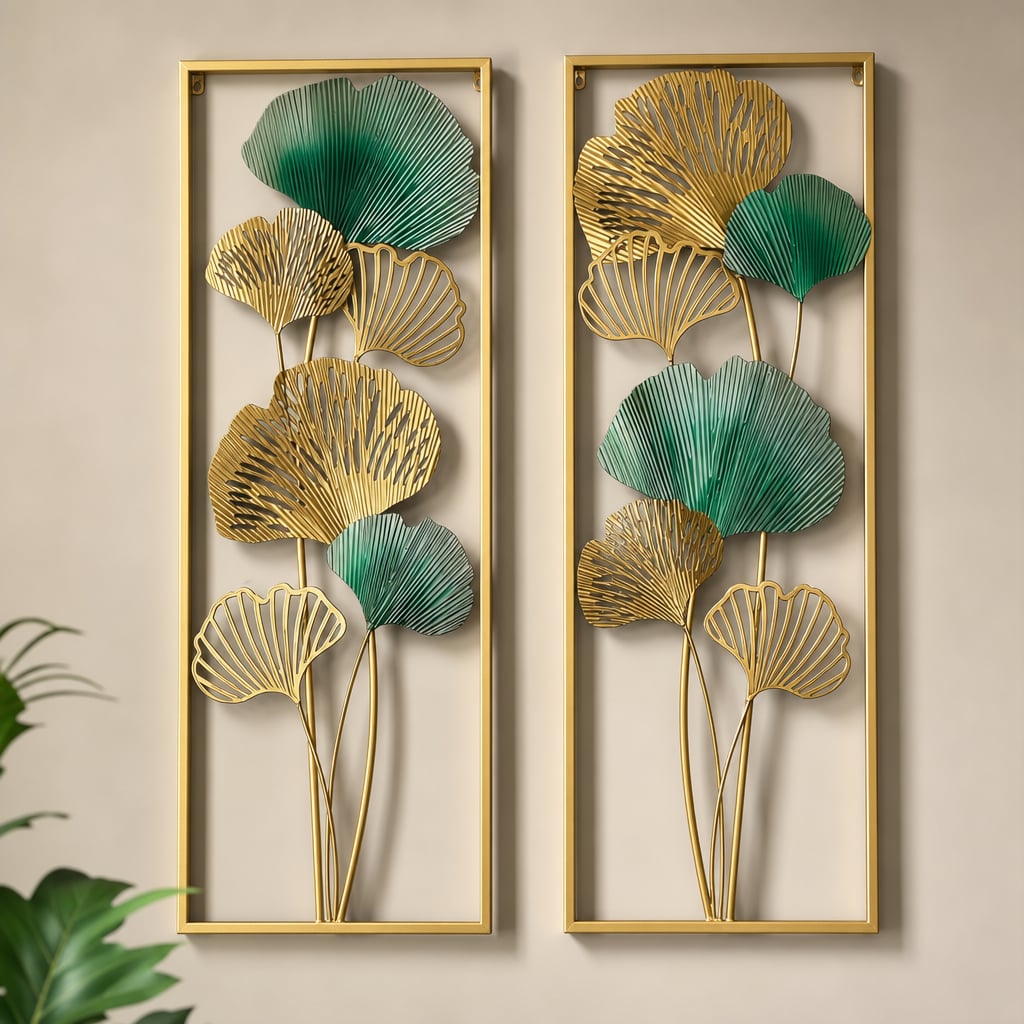 Set 2 Decoratiuni Metalice de Perete LuxCanva® TwinGinkgo A0822, din Metal, Verticale, Auriu, Verde, Dimensiune Mare 85 × 31 cm