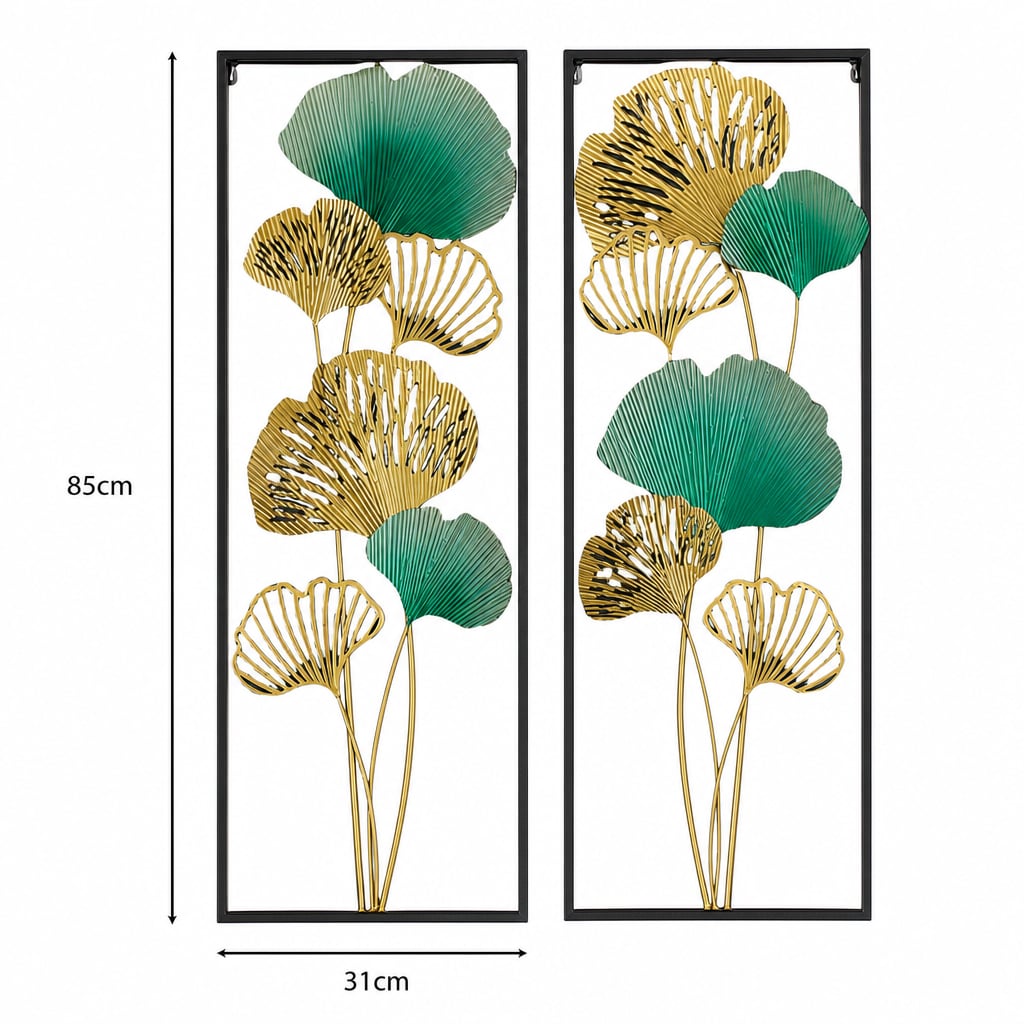 Set 2 Decoratiuni Metalice de Perete LuxCanva® TwinGinkgo A0822, din Metal, Verticale, Auriu, Verde, Dimensiune Mare 85 × 31 cm