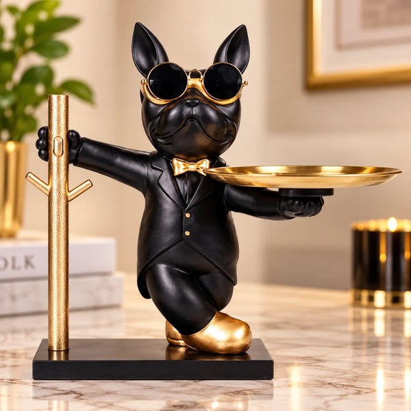 Statueta Decorativa LuxCanva® Bulldog With Tray, cu Tava Aurie pentru Chei, 30 cm