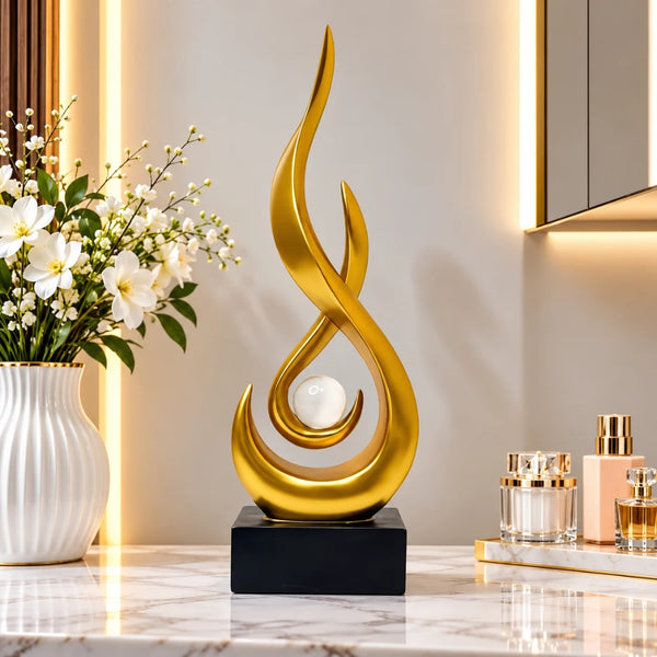 Statueta Decorativa LuxCanva® Gold Flame, Flacara Aurie cu Sfera, 28.5 cm
