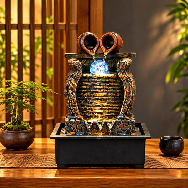 Fantana Decorativa de Interior LuxCanva® Twin Pot WF-41, Lumina LED, Inaltime 37 cm