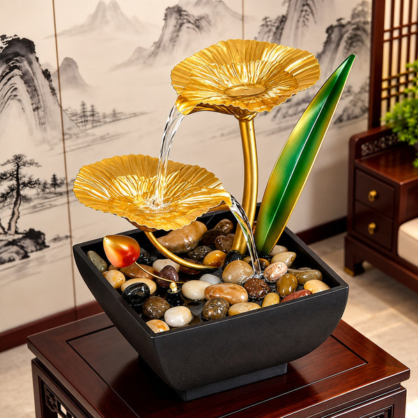 Fantana Decorativa de Interior LuxCanva® Golden Lotus WF-89, Frunze Metalice si Pietre, 19 cm