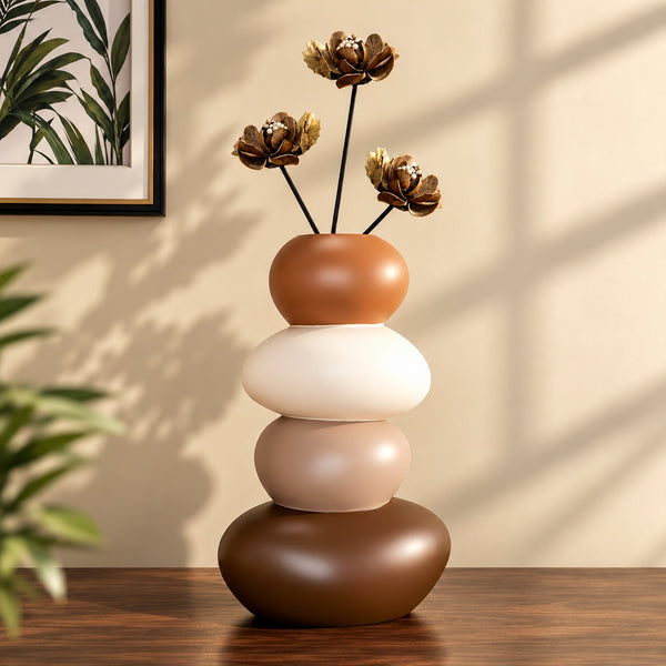 Vaza Decorativa LuxCanva® Stone-Shaped, Pietre Suprapuse, Maro si Bej, 18 cm