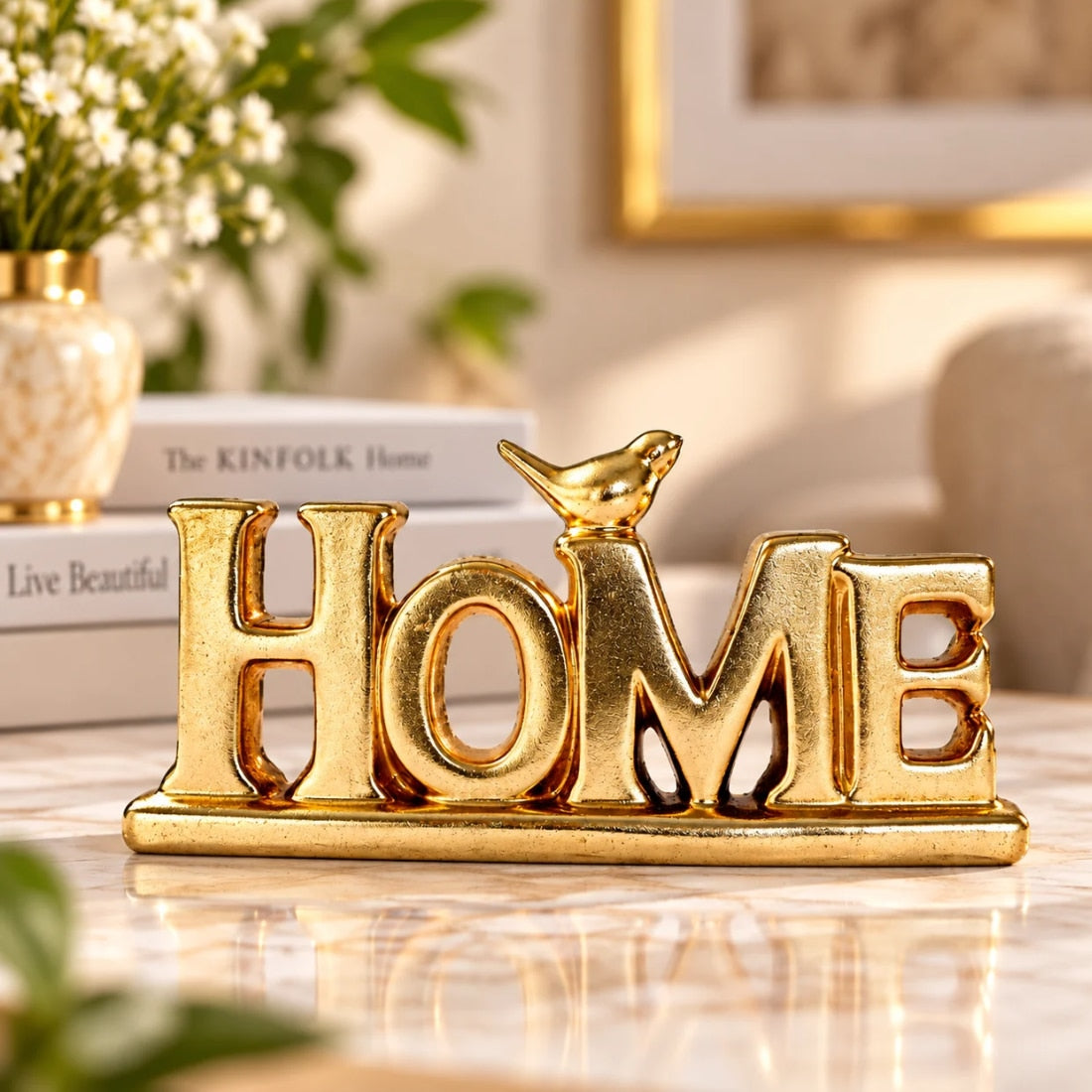 Statueta Decorativa LuxCanva® Home Letter Decor, cu Litere si Pasare, Auriu, 12.5 cm