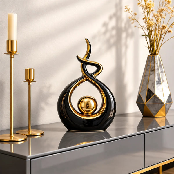 Statueta Decorativa LuxCanva® Black Geometric, Forme Curbate si Sfera Aurie, 27 cm