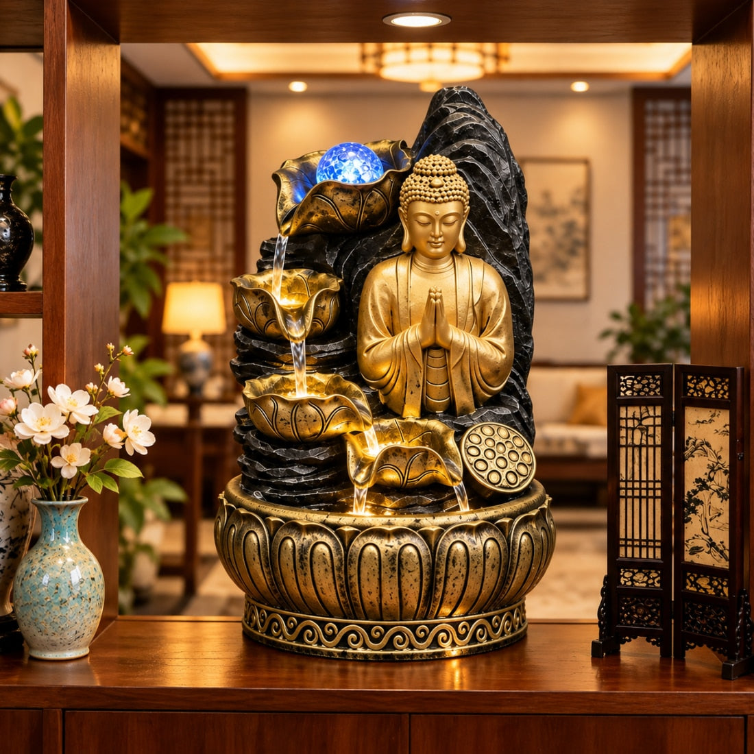 Fantana Decorativa de Interior LuxCanva® Zen Buddha WF-16, Lumina LED, Inaltime 37 cm