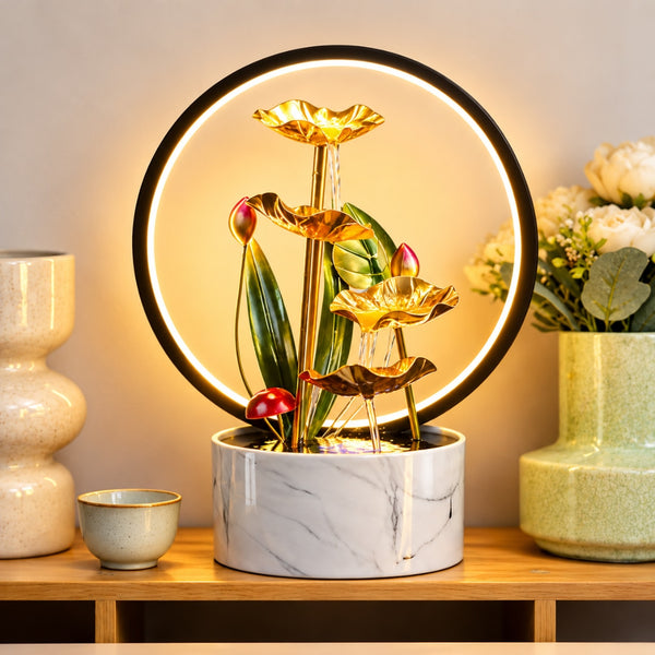 Fantana Decorativa de Interior LuxCanva® Eternal Bloom WF-68 Gold, Frunze Metalice, 38 cm
